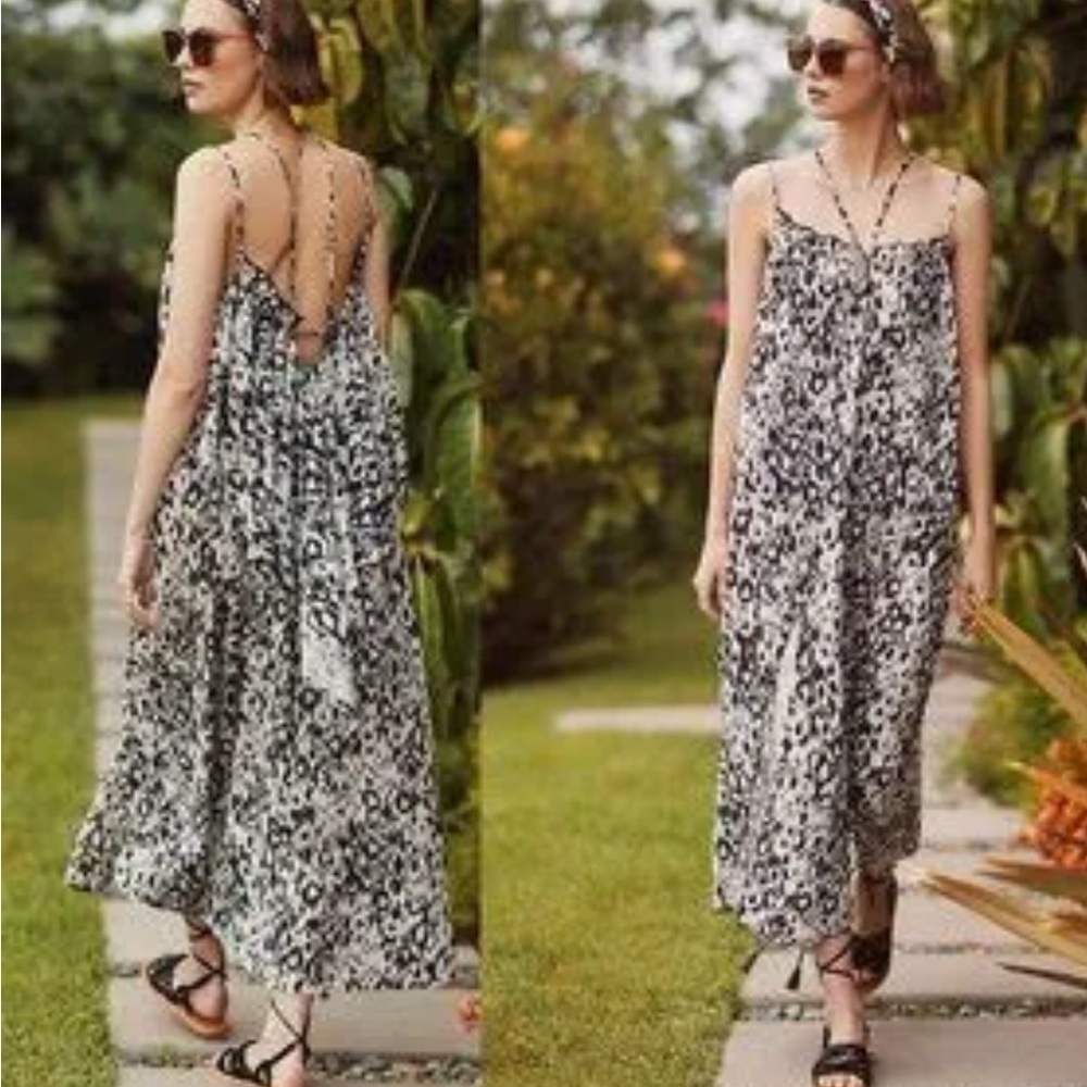 Anthropologie Flowy Strappy Midi Dress abstract leopard animal print M Open Back